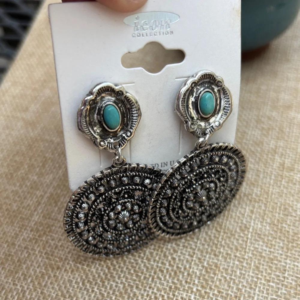 ICON Silver-Tone Filigree Drop Earrings with Turquoise Accents - Picture 5 of 5